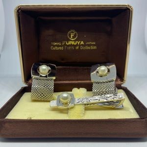 Vintage Furuya Tie Bar Cuff Links Set with Pearls & Sterling Silver